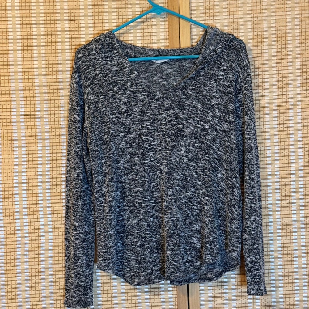 Free Kisses Womens Space Dye Knit Hoodie Black White Marled‎ V-Neck Pullover L